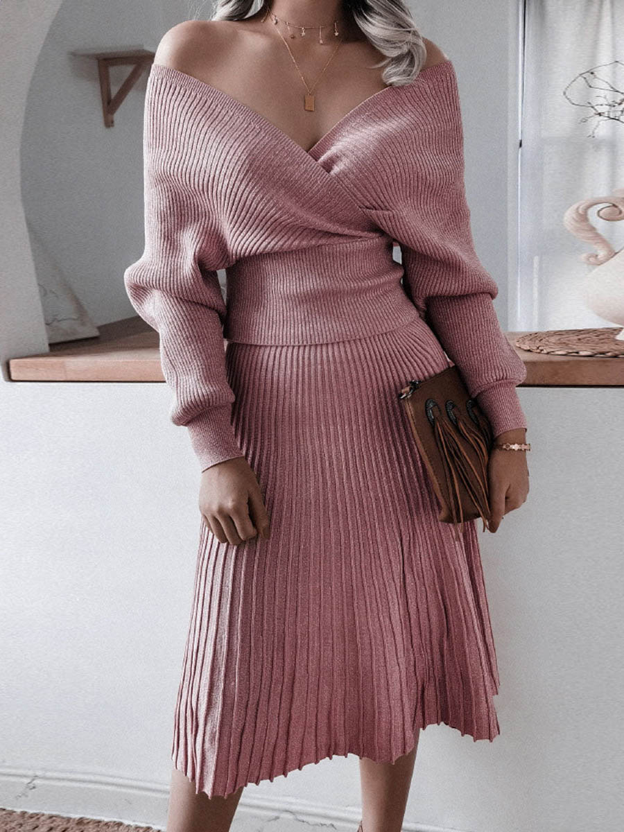 Fashion Casual Solid Fold V Neck Long Sleeve Two Pieces(3 colors)