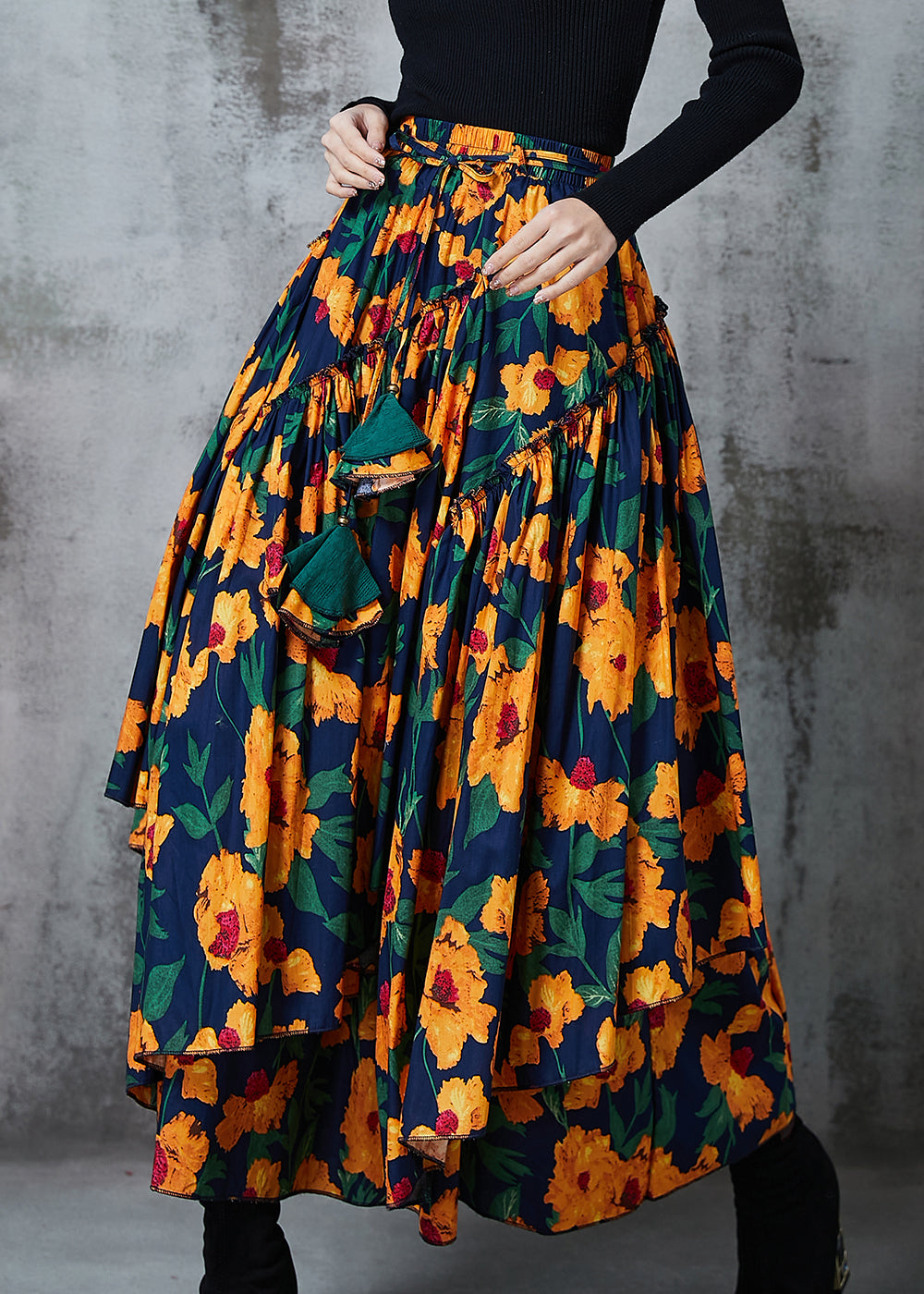 Yellow Print Exra Large Hem Chiffon Skirt Spring