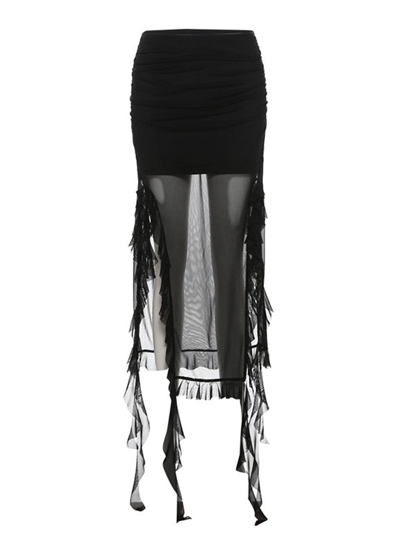 Fashion Black Ruffled Patchwork Side Open Tulle Skirts Summer