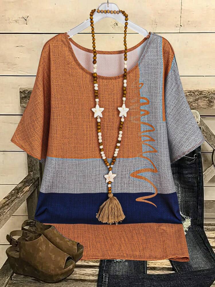 Women's Summer Printed Round Neck Short Sleeve Casual Shirt