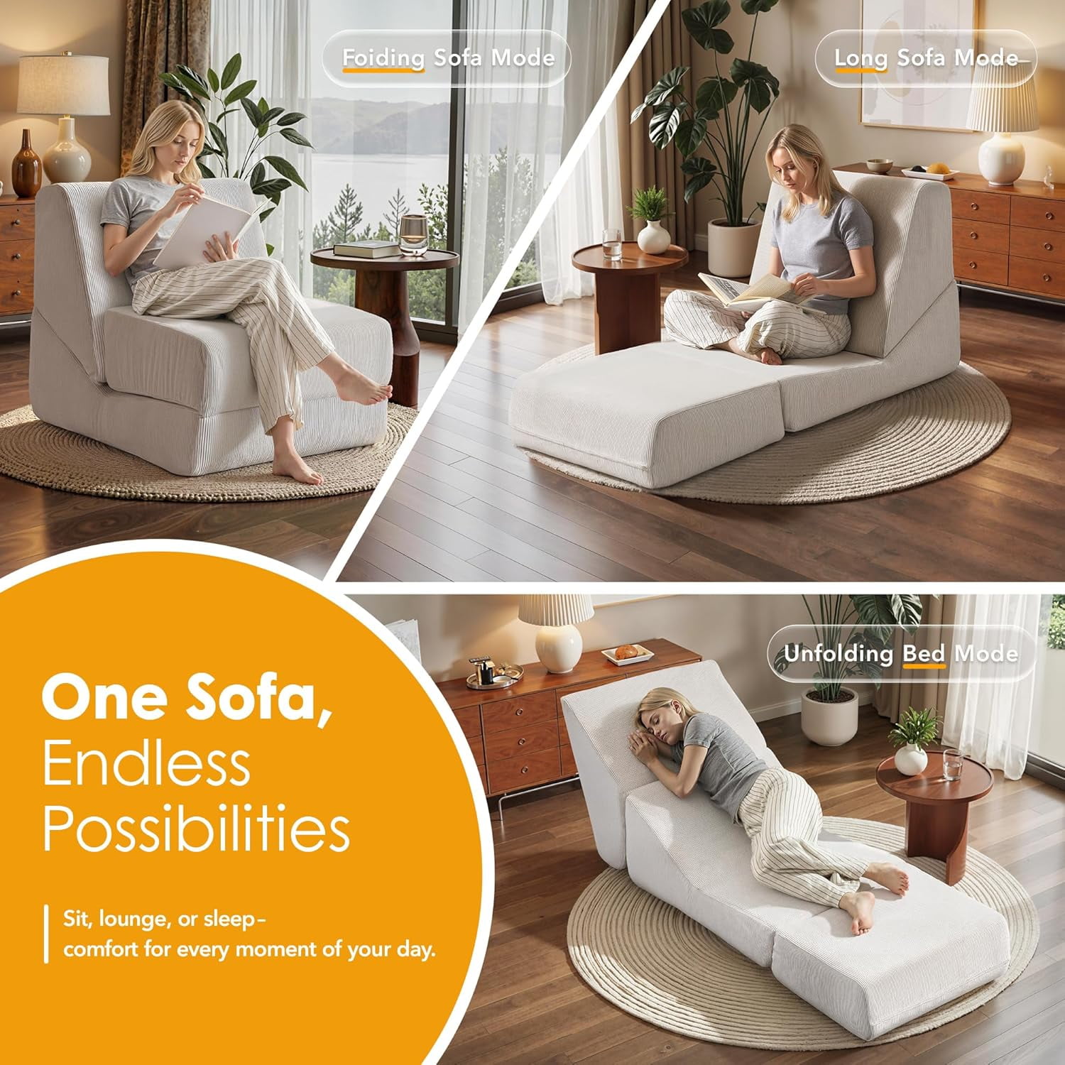 Folding Sofa Bed, 3 in 1 Convertible Sleeper Chair, Floor Couch with Back Support, Single Chair Bed for Living Room