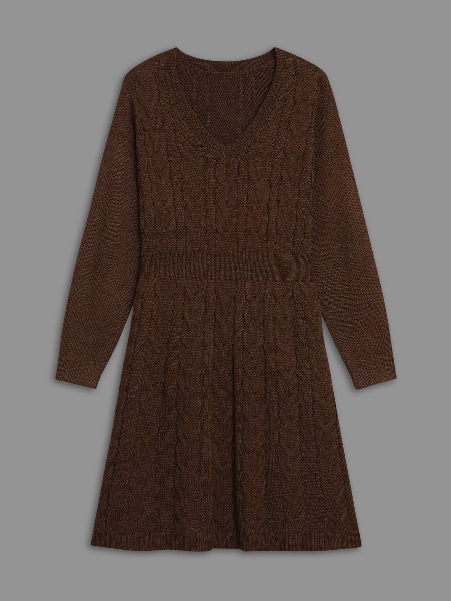 Textured Cable Knit V-Neck Midi Sweater Dress