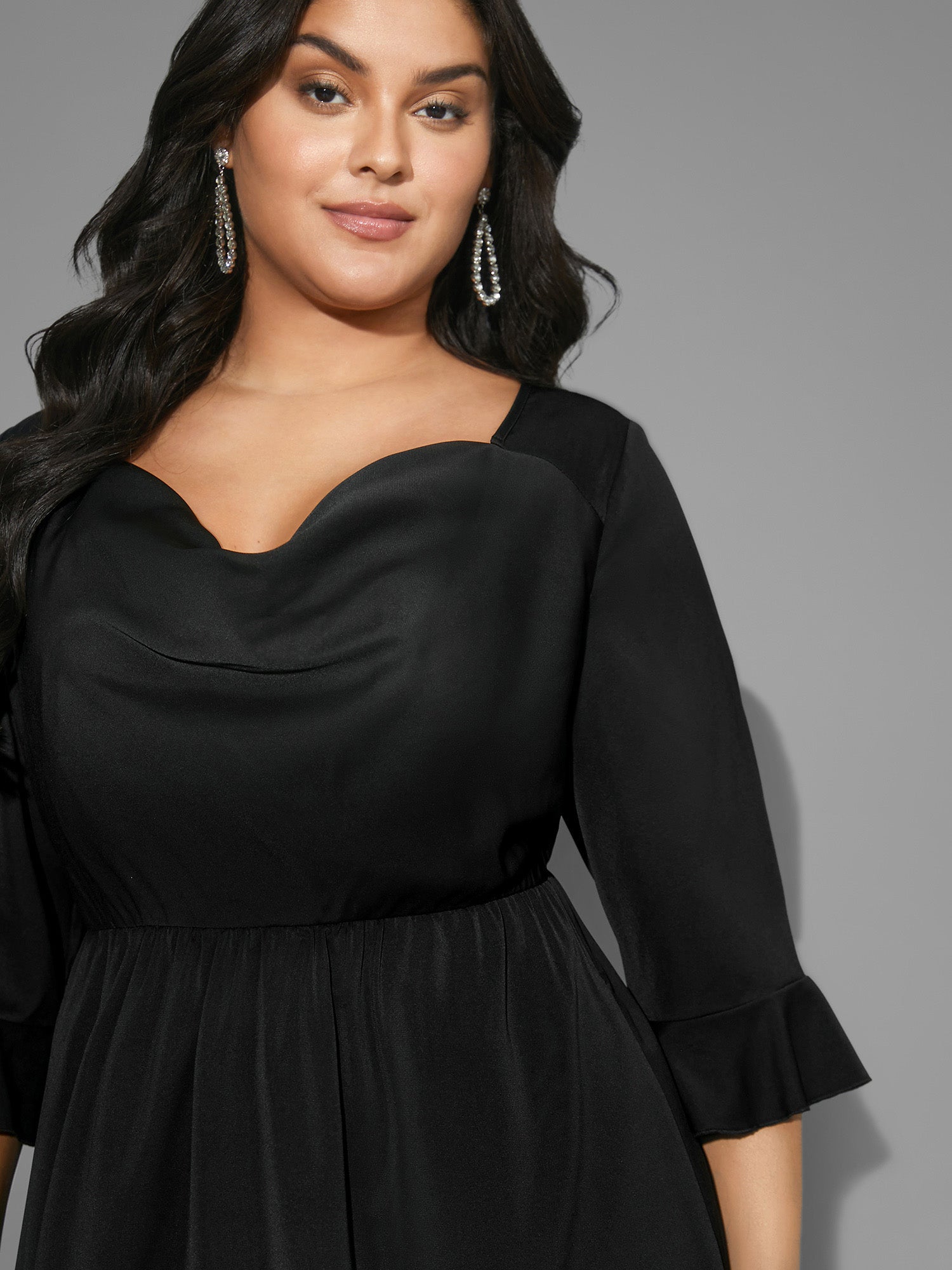 Cowl Neck Ruffle Sleeve Midi Dress