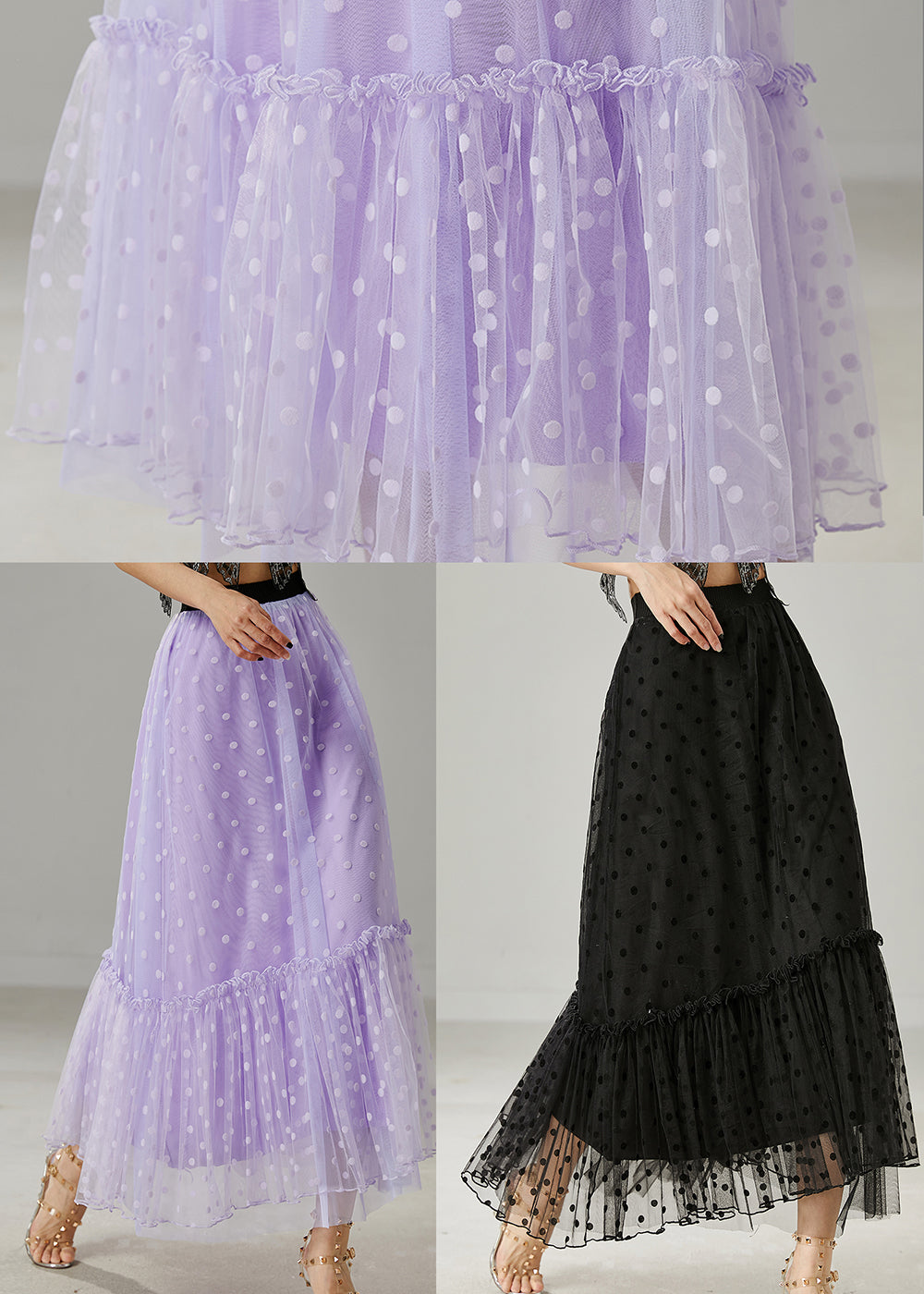 Black Patchwork Tulle Skirt Ruffled Print Summer