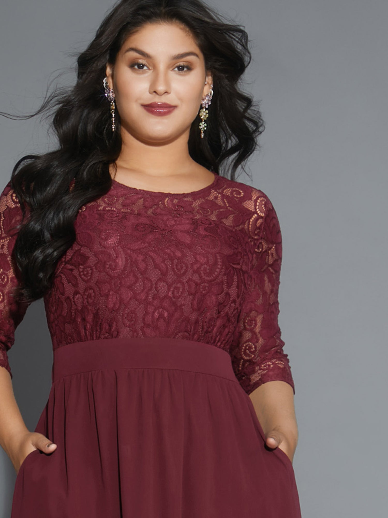 Lace Patchwork Shirred Midi Pocket Dress