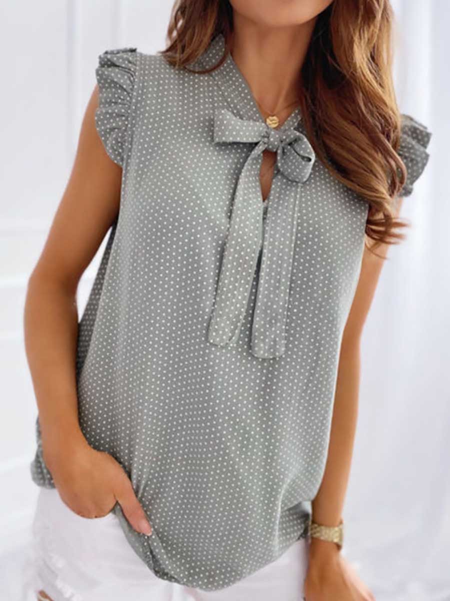 Polka Dot Bow Neck Sleeveless Blouse Top