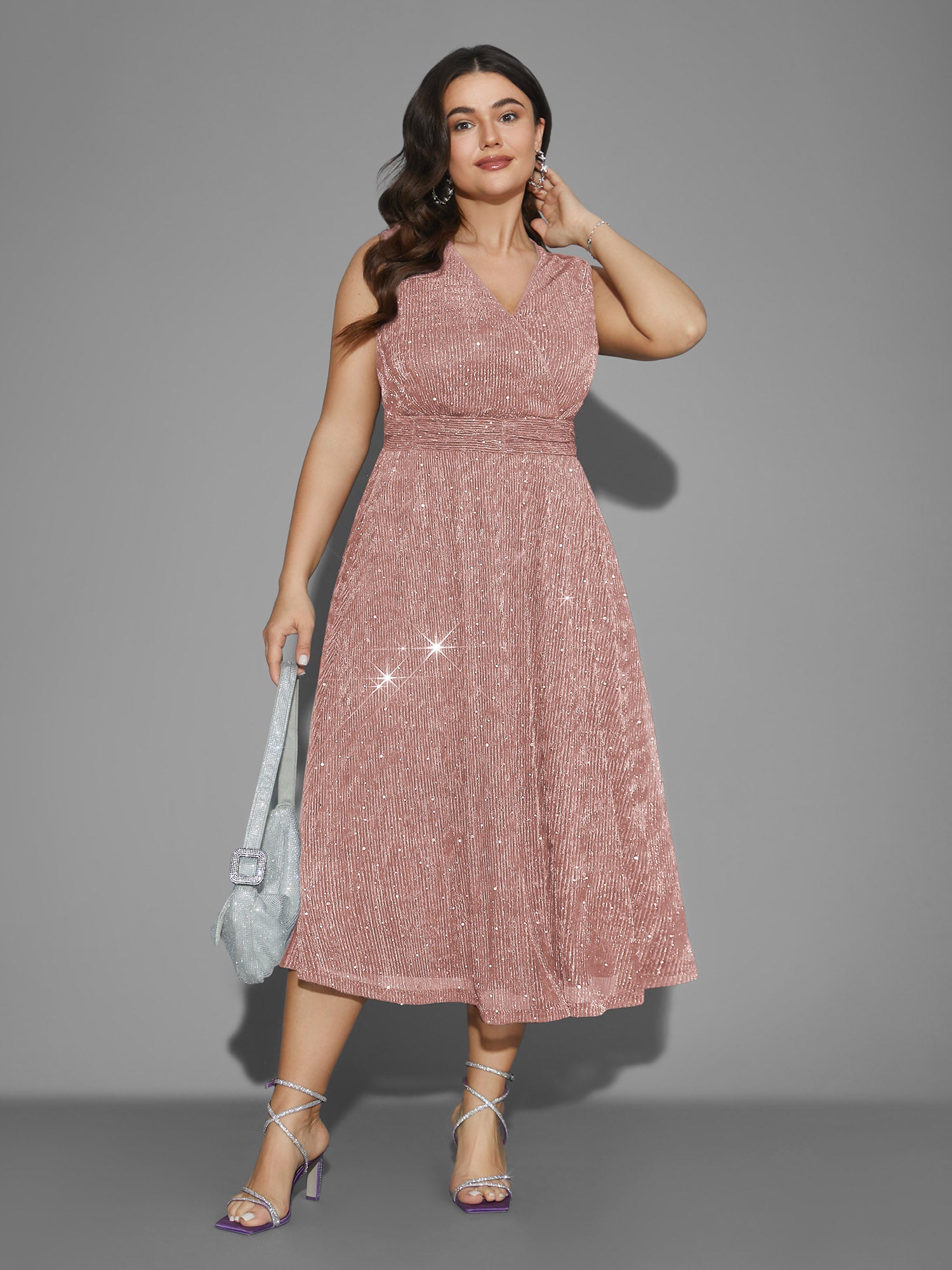 Sequin Surplice Neckline Sleeveless Midi Dress