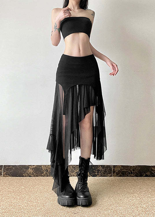 Modern Khaki Asymmetrical Patchwork Side Open Tulle Skirt Summer