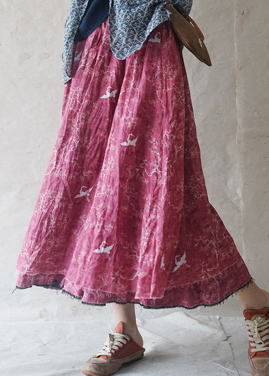 Red elastic waist drawstring pocket print Linen Skirts Spring