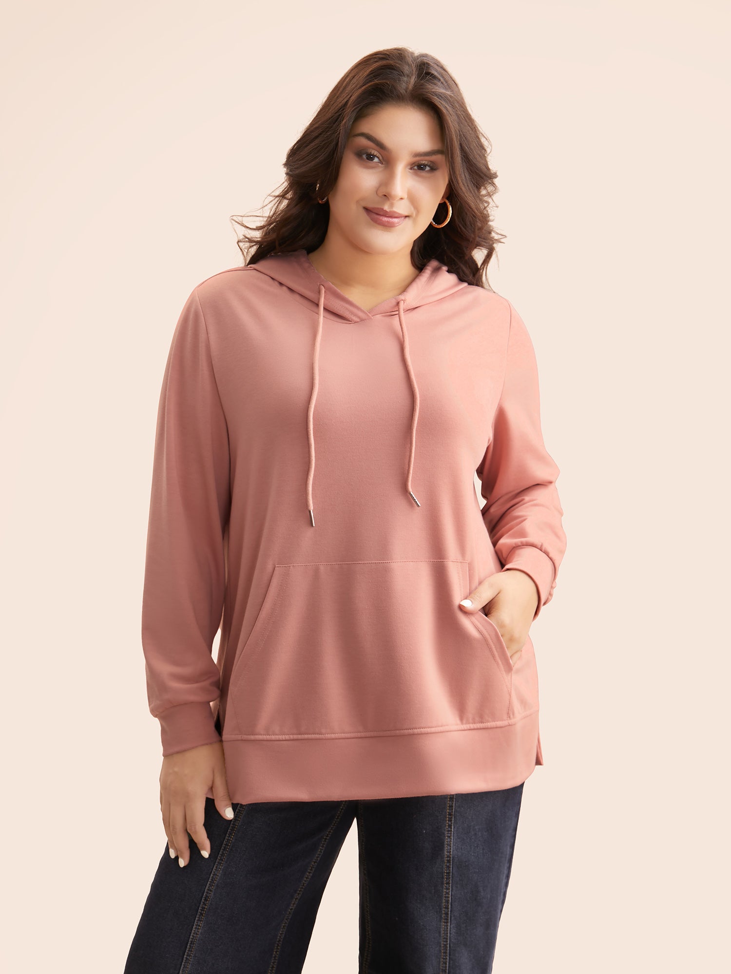 Solid Slightly Stretchy Hooded Drawstring Sweatshirt