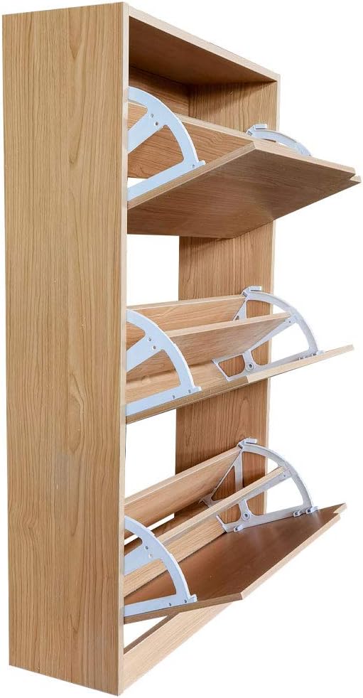 Wood Shoe Cabinet with 3 Doors, Shoe Cabinets, Retractable Handles, Double Depth, 63 x 24 x 115 cm