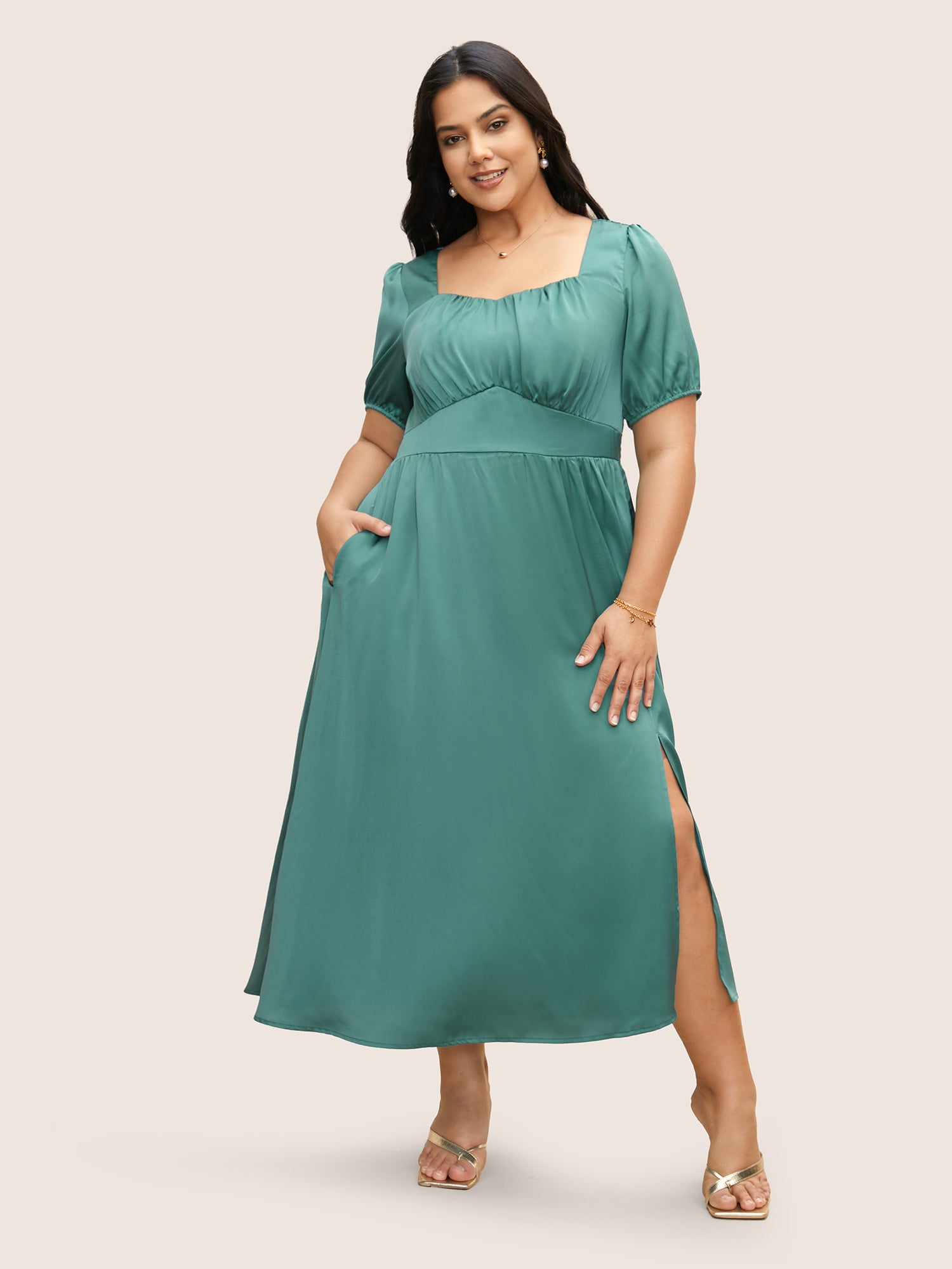 Heart Neckline Shirred Gathered Maxi Dress