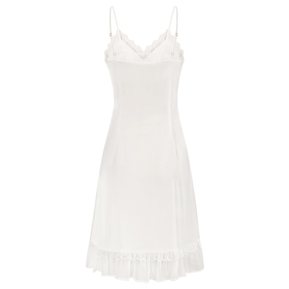Lace Trim Full Slip Comfy Spaghetti Strap V-Neck Ruffled Hem Slip Dress