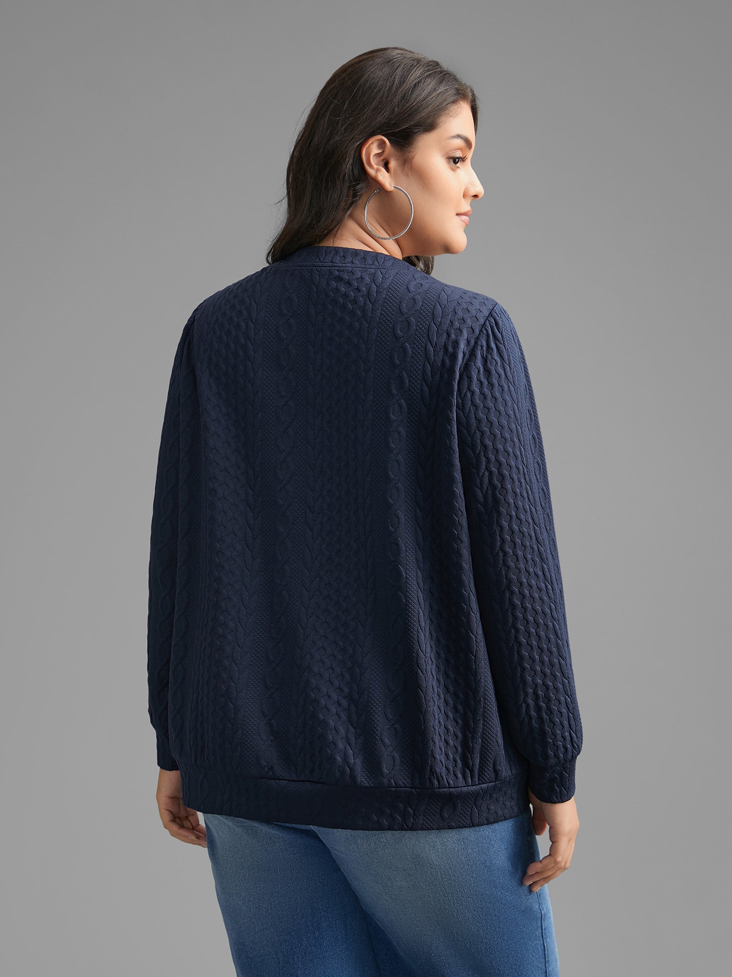 Overlap Collar Textured Button Detail Sweatshirt