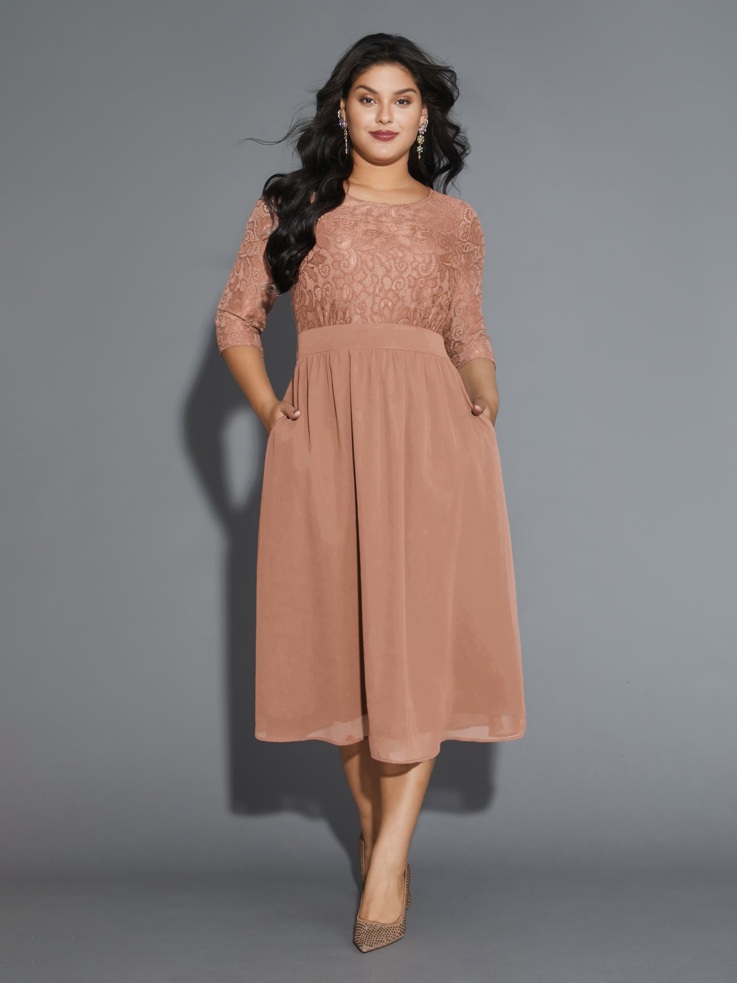 Lace Patchwork Shirred Midi Pocket Dress