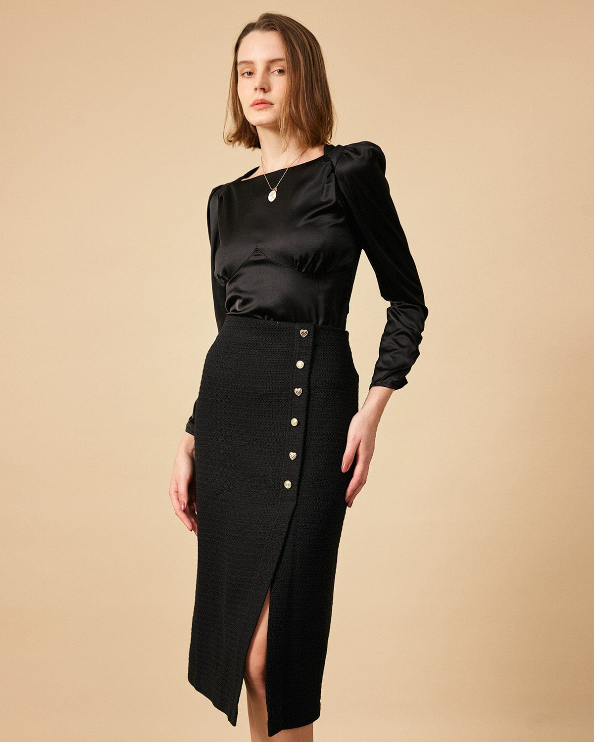 The Solid Puff Sleeve Tie-back Satin Blouse