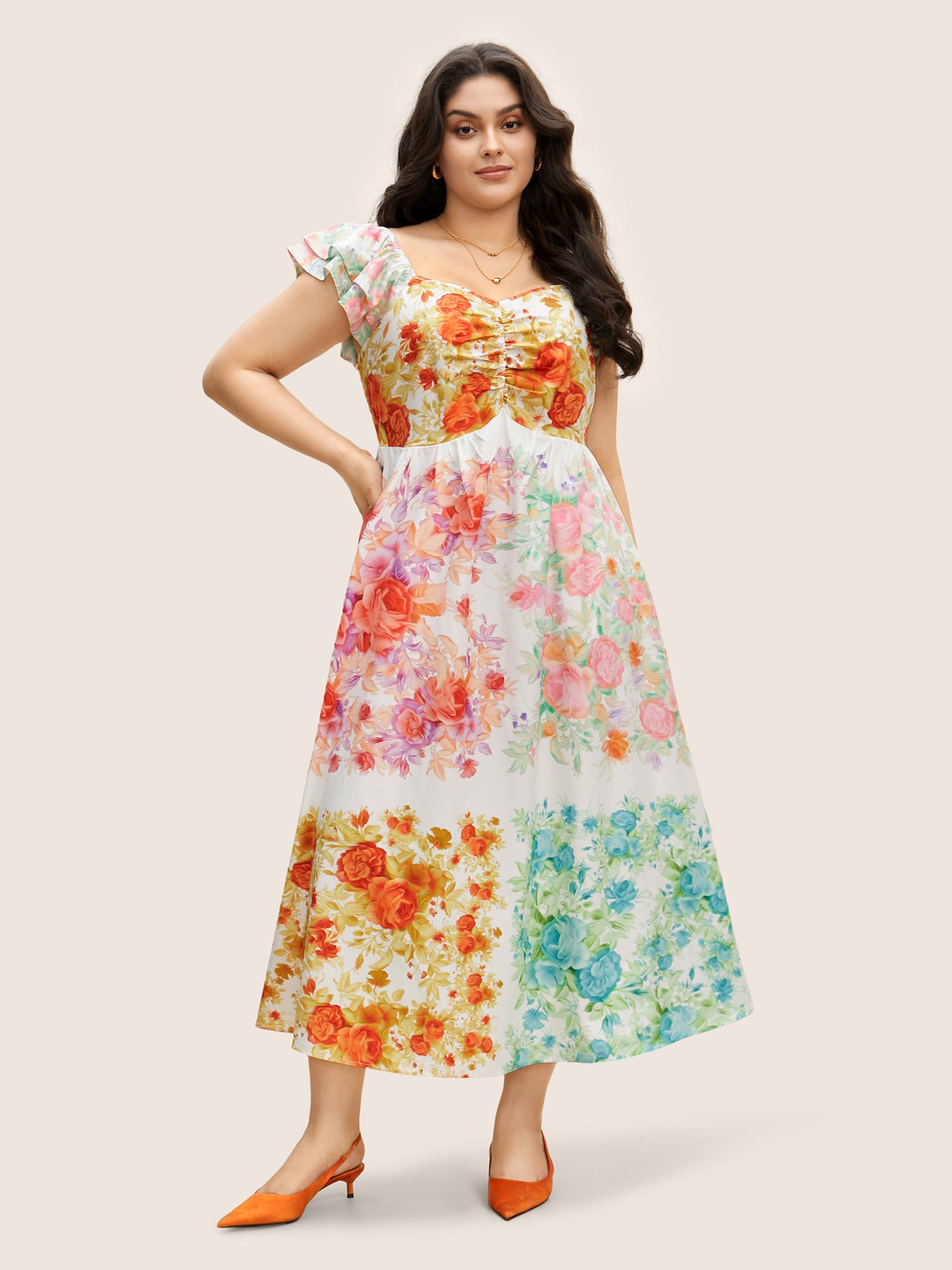 Patchwork Floral Tiered Ruffle Sleeve Dress
