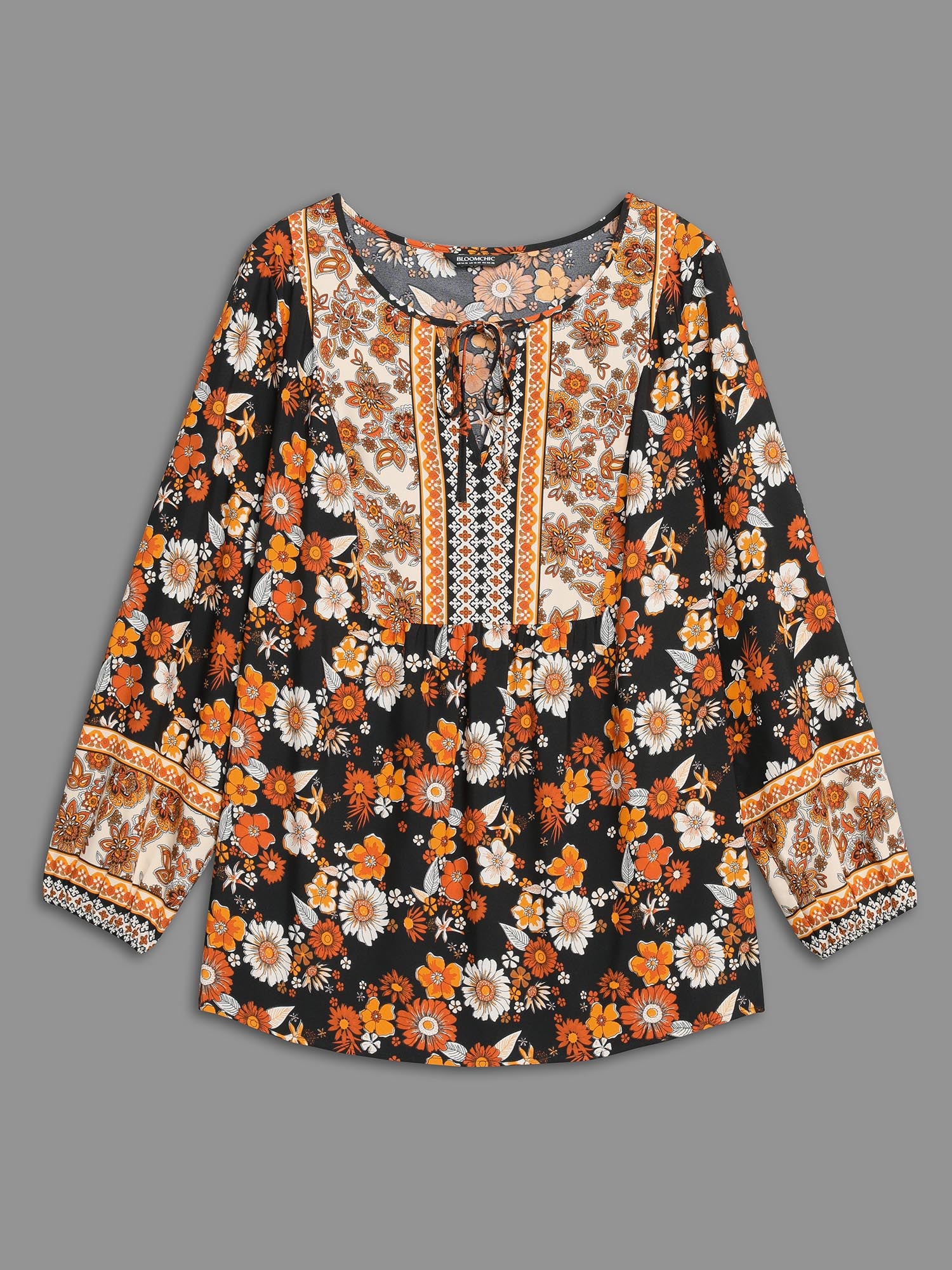 Boho Print Tie Knot Lantern Sleeve Blouse