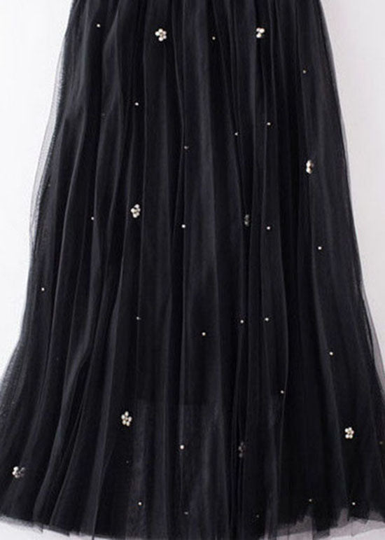 Black Wrinkled Patchwork Nail bead Tulle Skirt Spring