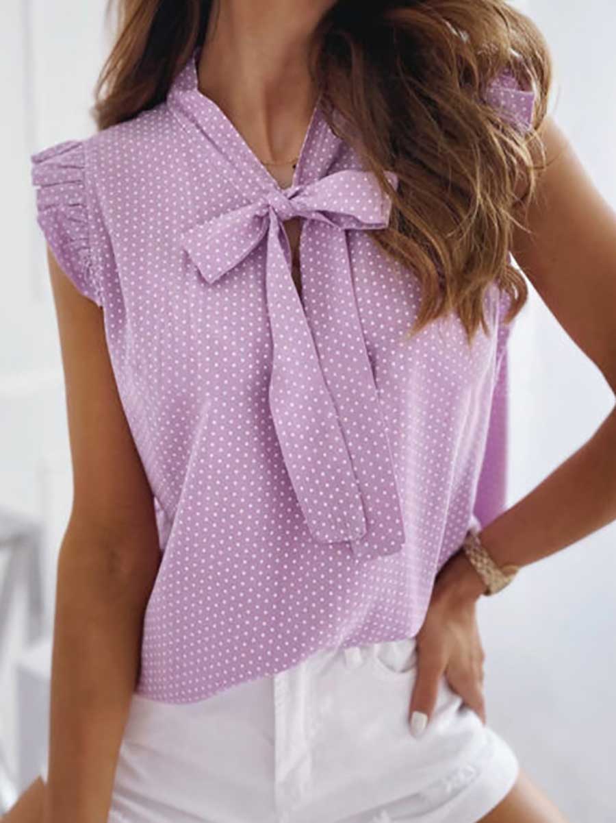 Polka Dot Bow Neck Sleeveless Blouse Top