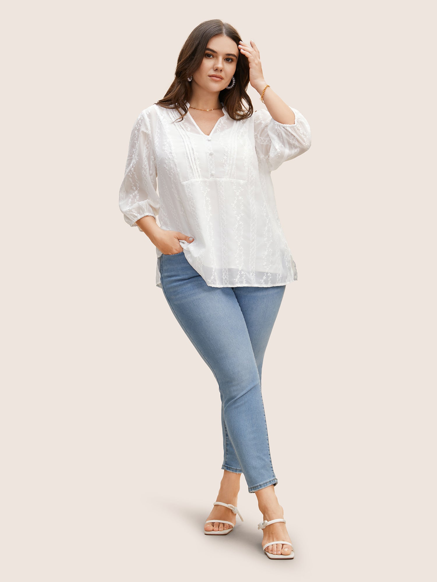 Texture Mesh Button Detail Tucked Seam Blouse