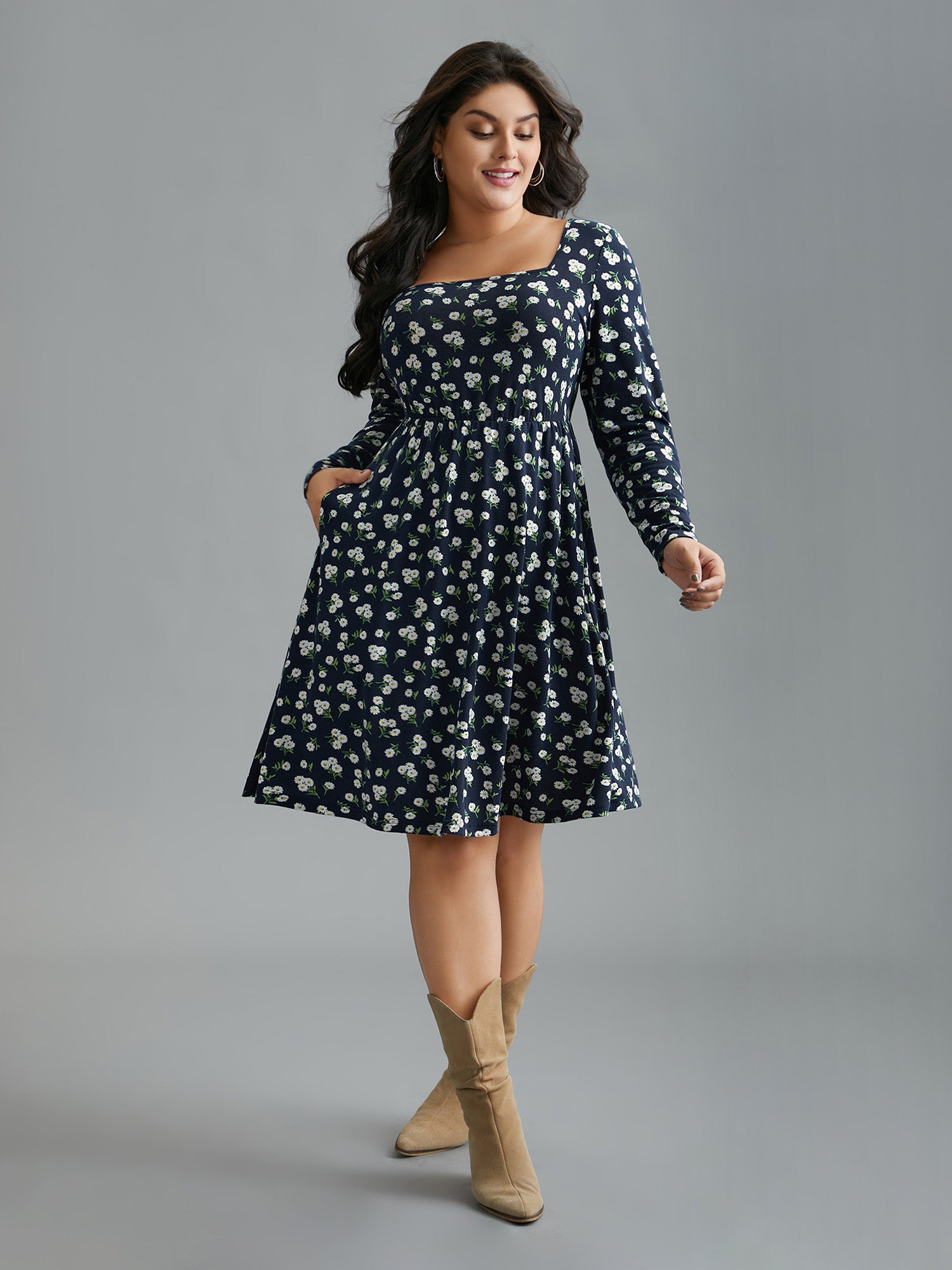Ditsy Floral Square Neck Pocket Dress