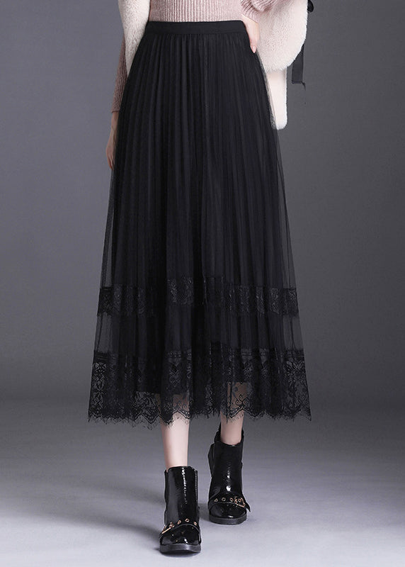Black Lace Patchwork Pleated Wear on both sides Fall Skirt