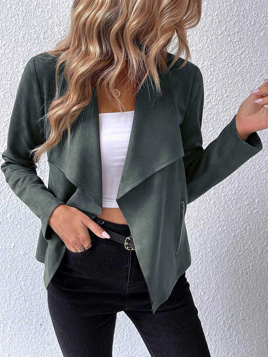 Leather Velvet Lapel Long Sleeve Zipper Jacket