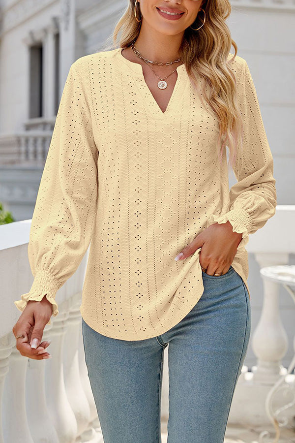 Solid color hollowed out gathered ruffle sleeve V-neck loose long-sleeved top