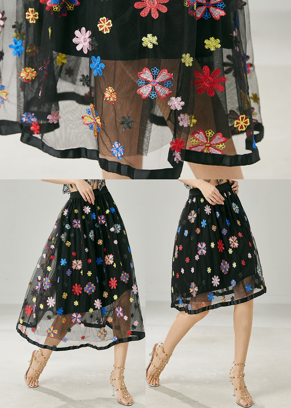 Black Floral Tulle Holiday Skirt Embroidered Summer