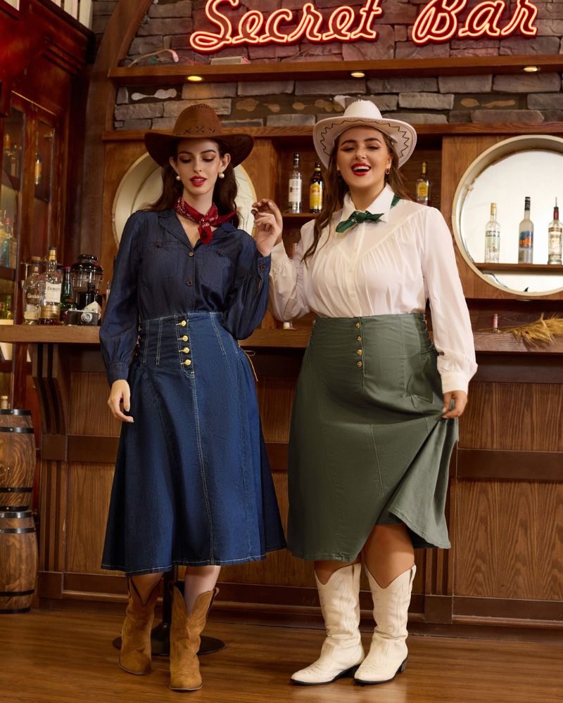 Vintage Midi Jean Denim Skirt for Women Button Front High Waist A Line Casual Flare Stretch