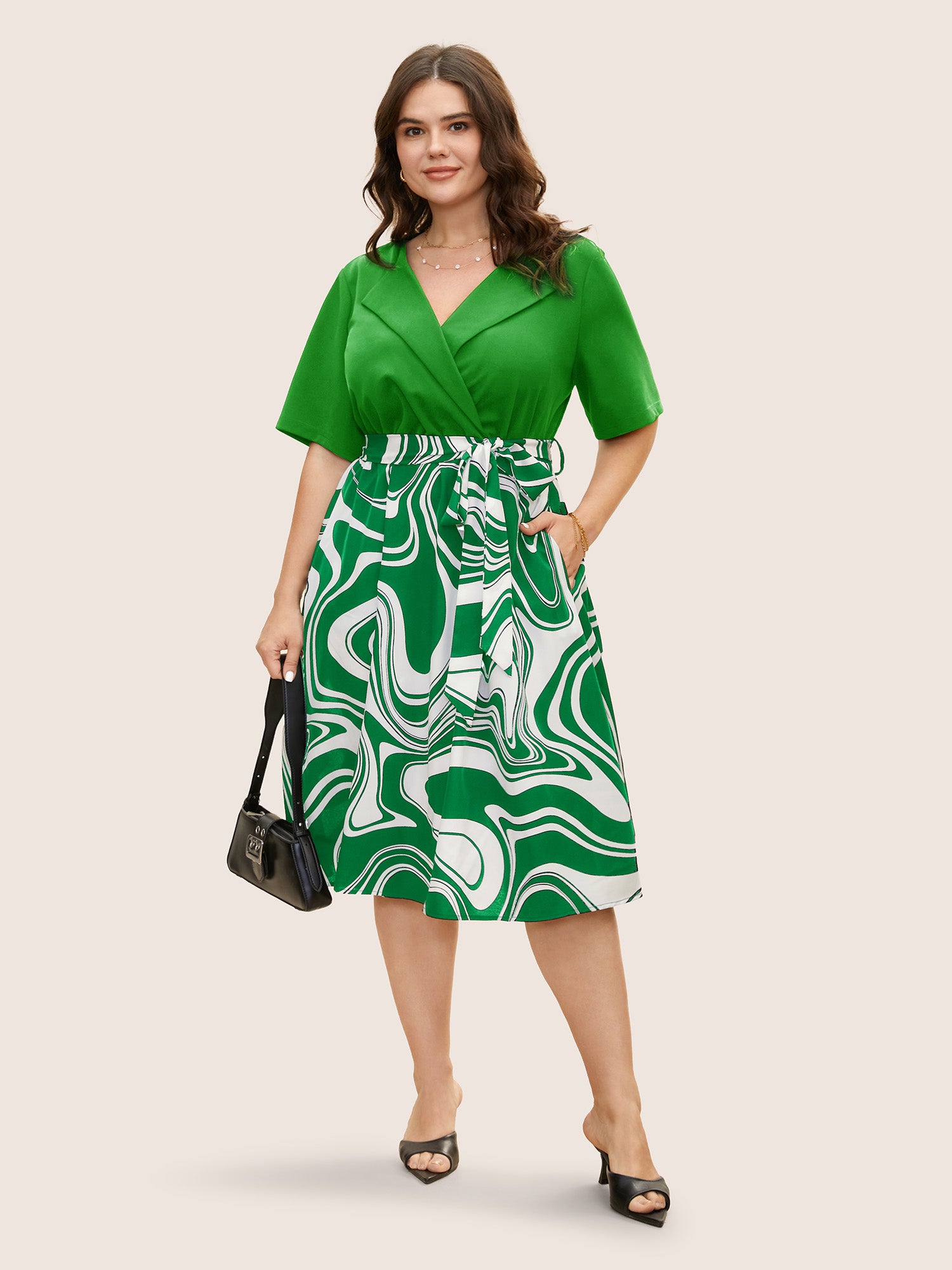 Geometric Patchwork Suit Collar Belted Dress