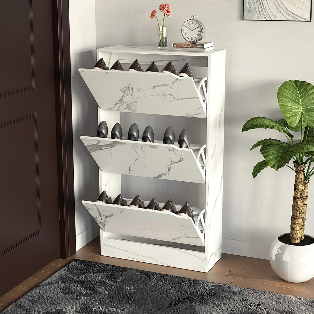 Wood Shoe Cabinet with 3 Doors, Shoe Cabinets, Retractable Handles, Double Depth, 63 x 24 x 115 cm