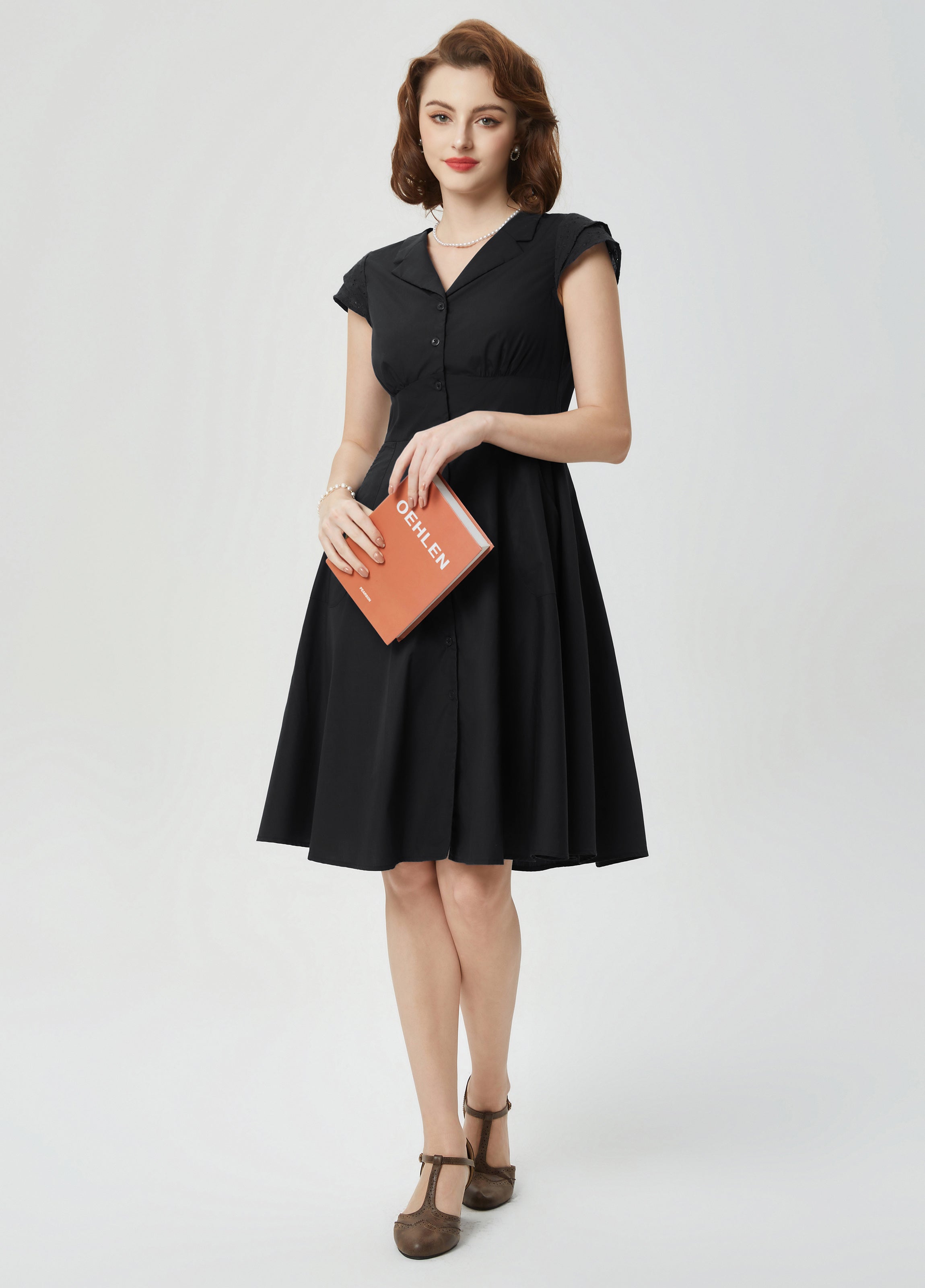 1940s Vintage Dress Collar V Neck Button Down Dress Cap Sleeve Dress with Pockets