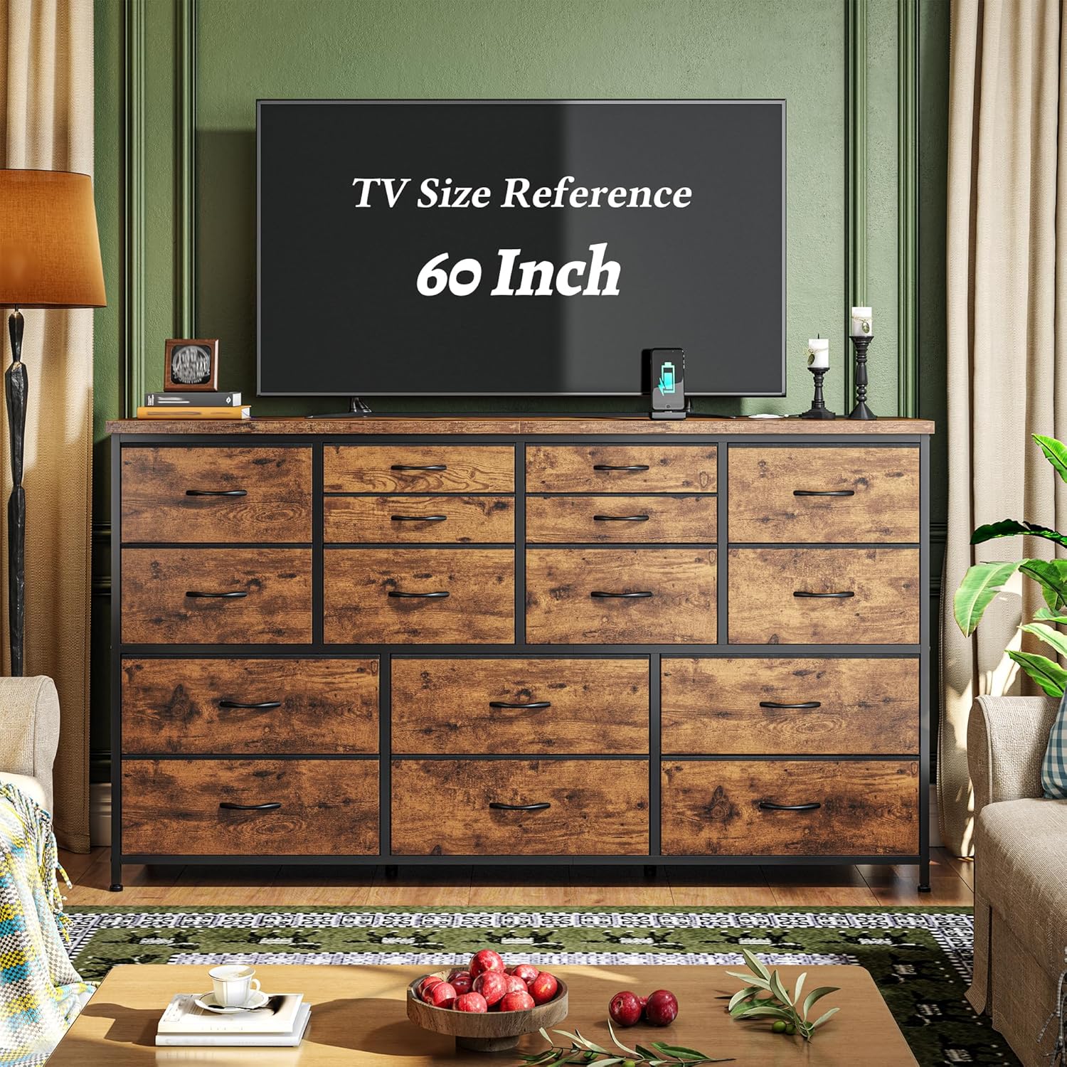 Dresser for Bedroom with 16 Fabric Drawers Long Dresser with Charging Station TV Stand for 60