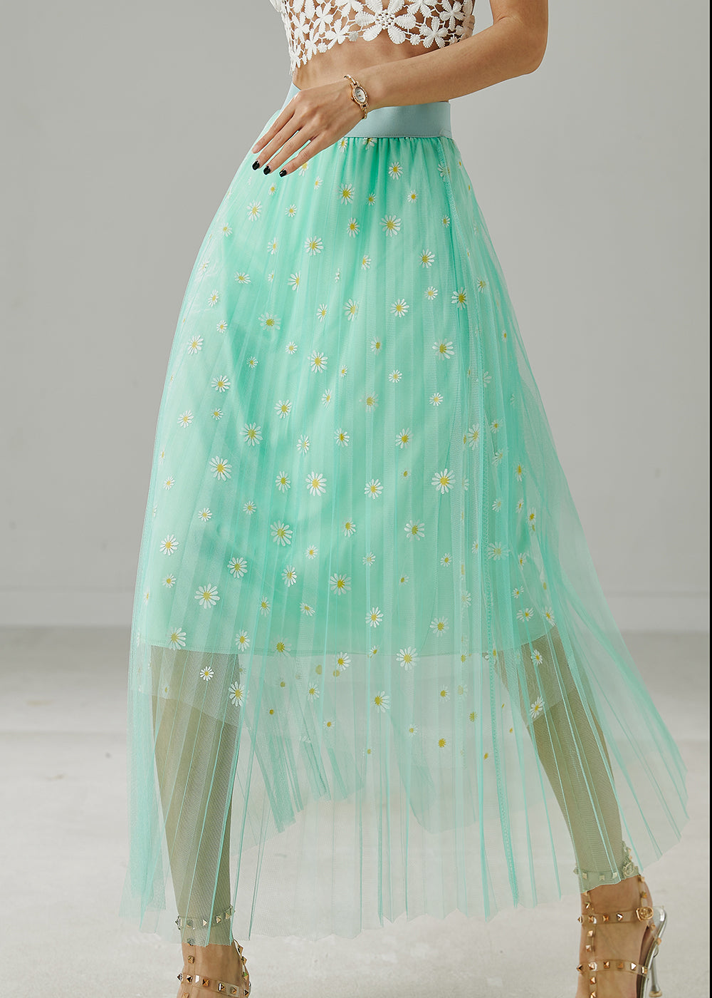 Green Tulle Beach Skirts Chrysanthemum Embroidered Summer