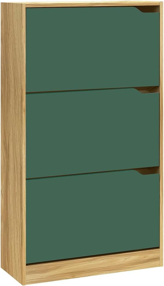 Wood Shoe Cabinet with 3 Doors, Shoe Cabinets, Retractable Handles, Double Depth, 63 x 24 x 115 cm