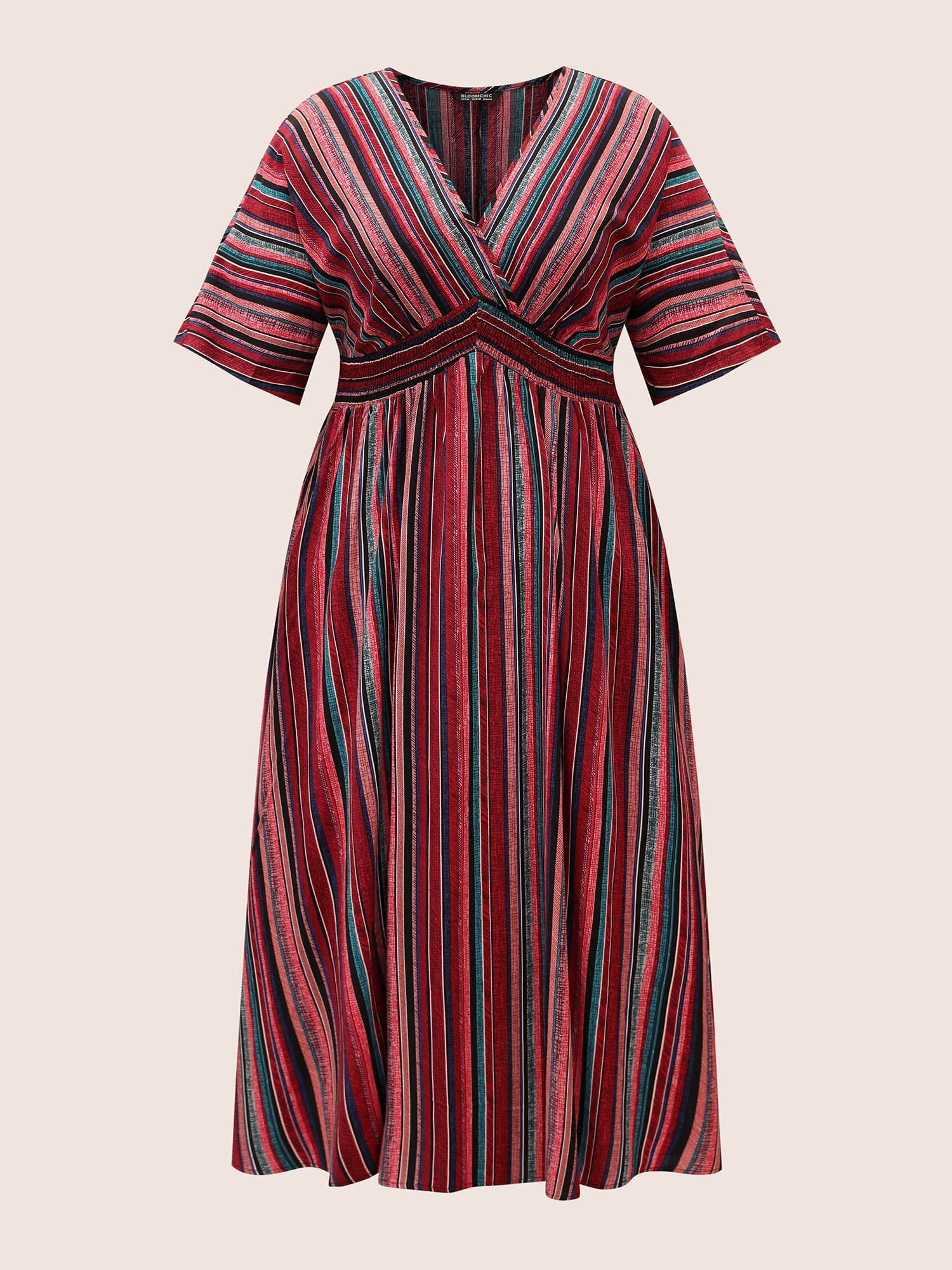 Striped Contrast Dolman Sleeve Shirred Pocket Split Flutter Dress