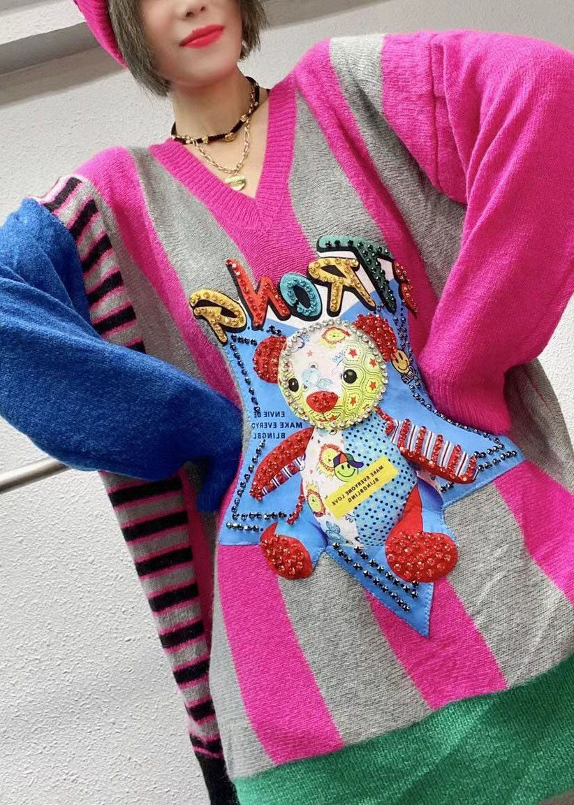 Vintage Rose Loose V Neck Print Fall Character Knitwear Coat