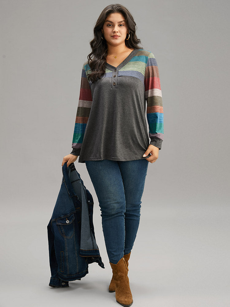 Colorblock Contrast V Neck Button Up T-shirt