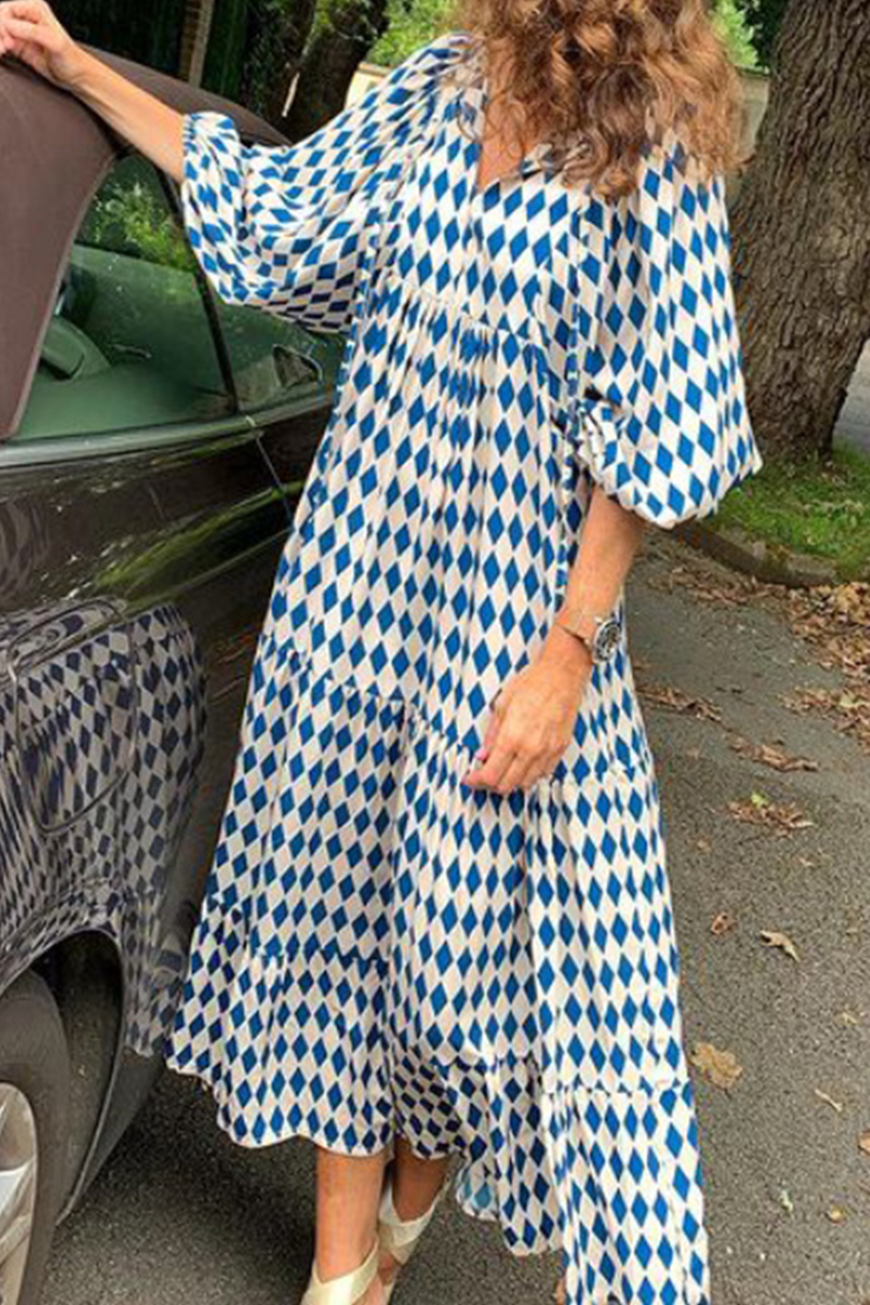 Casual Geometric Frenulum Flounce V Neck A Line Dresses(7 Colors)