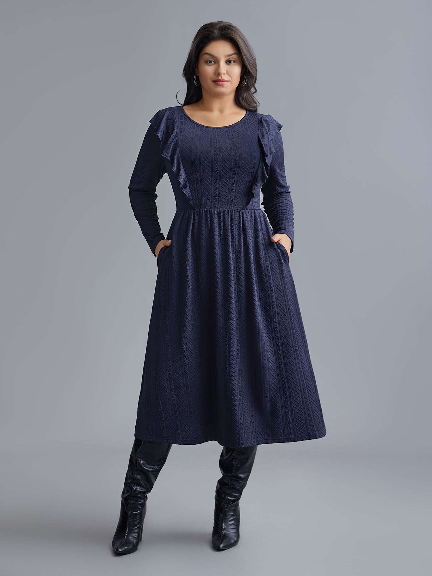 Plain Crew Neck Ruffle Trim Plisse Dress