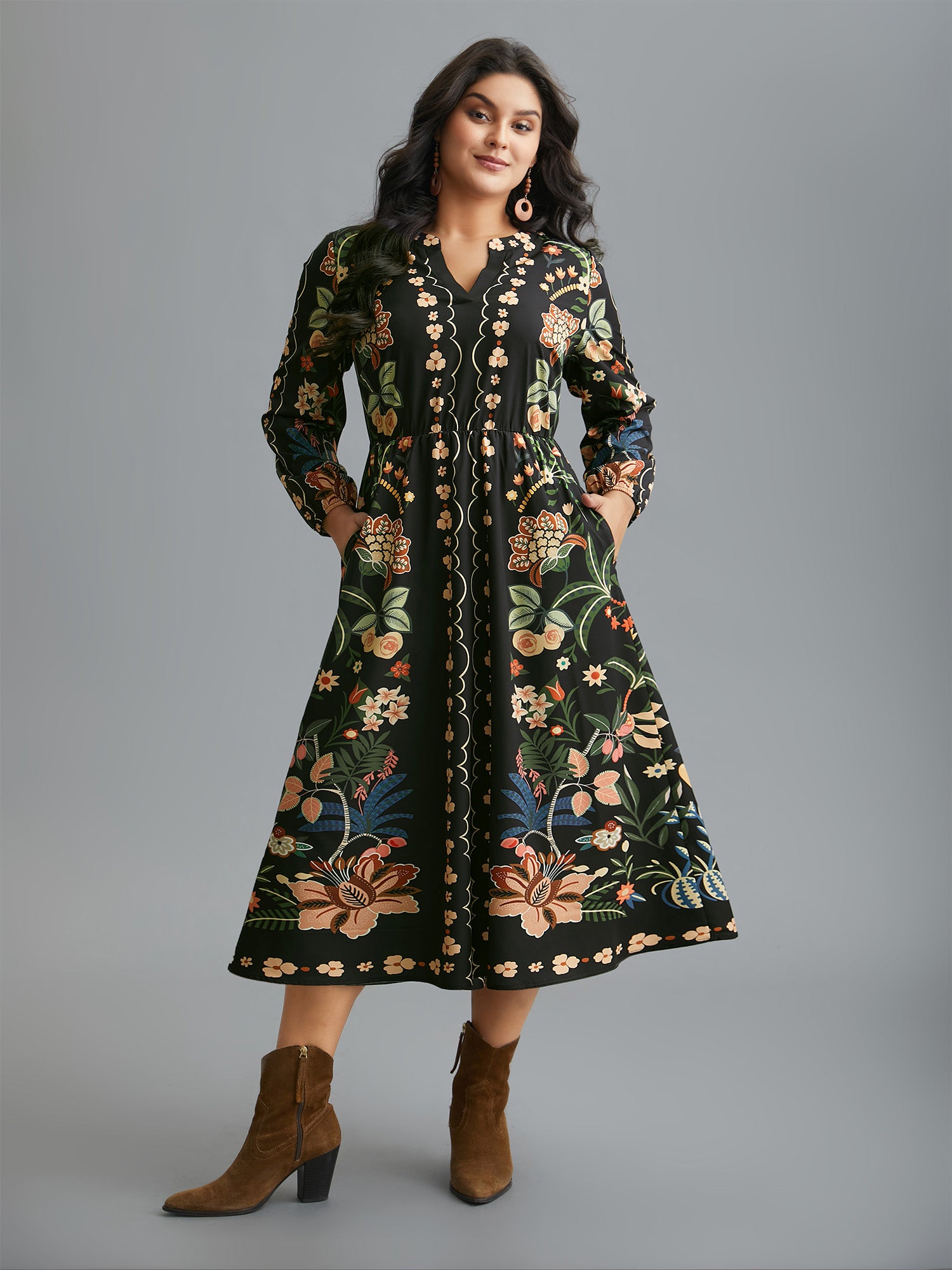 Floral Print Notched Collar Elastic Waist Dress