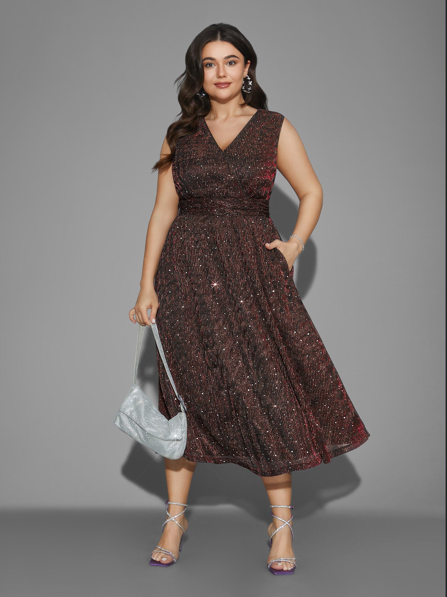 Sequin Surplice Neckline Sleeveless Midi Dress