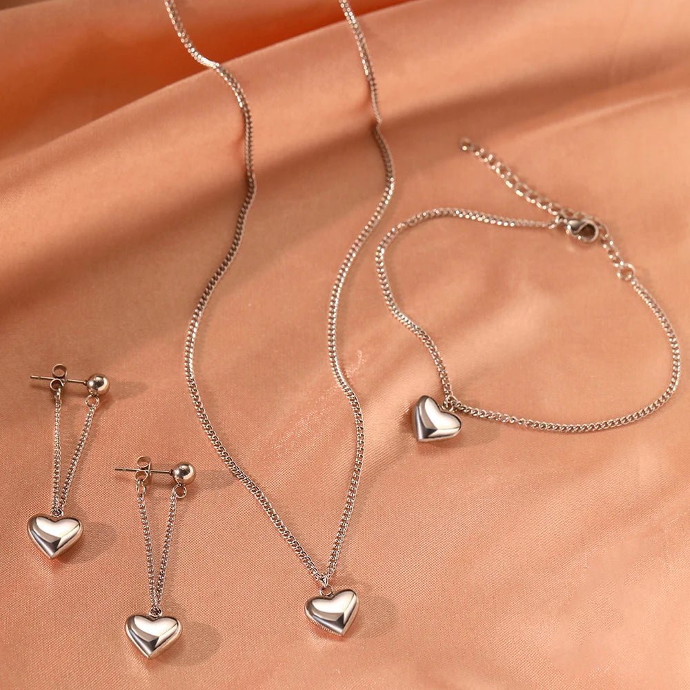 Dainty Heart Chain Necklace. Bracelet. and Earring Set