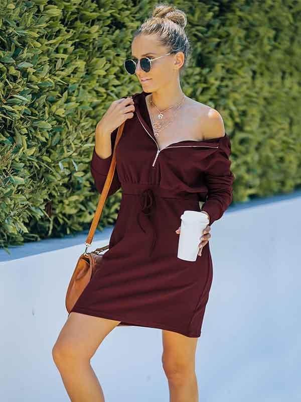 Color Zipper Hooded Dress