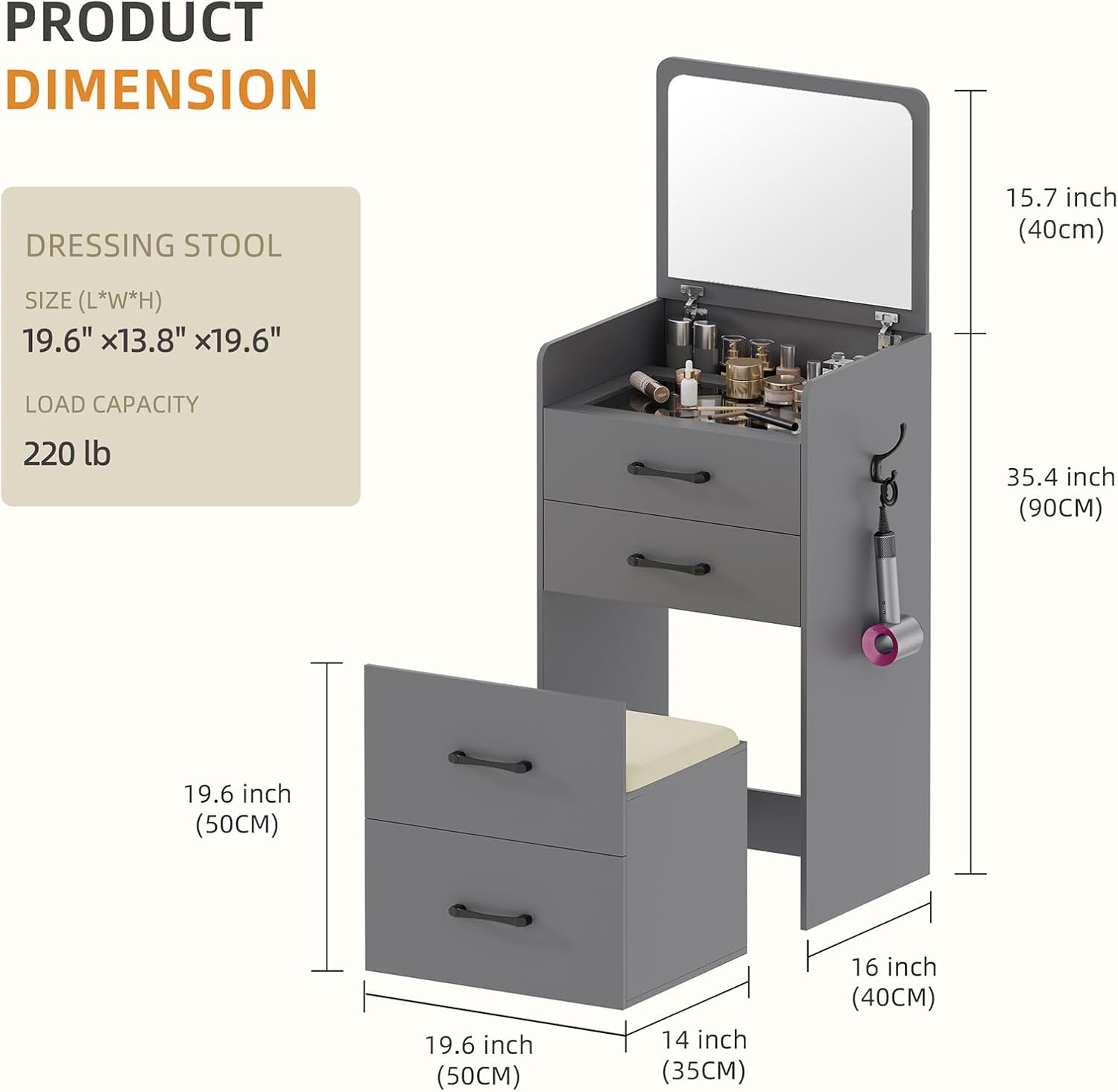 3 in 1 Vanity Desk with Flip Top Mirror for Bedroom