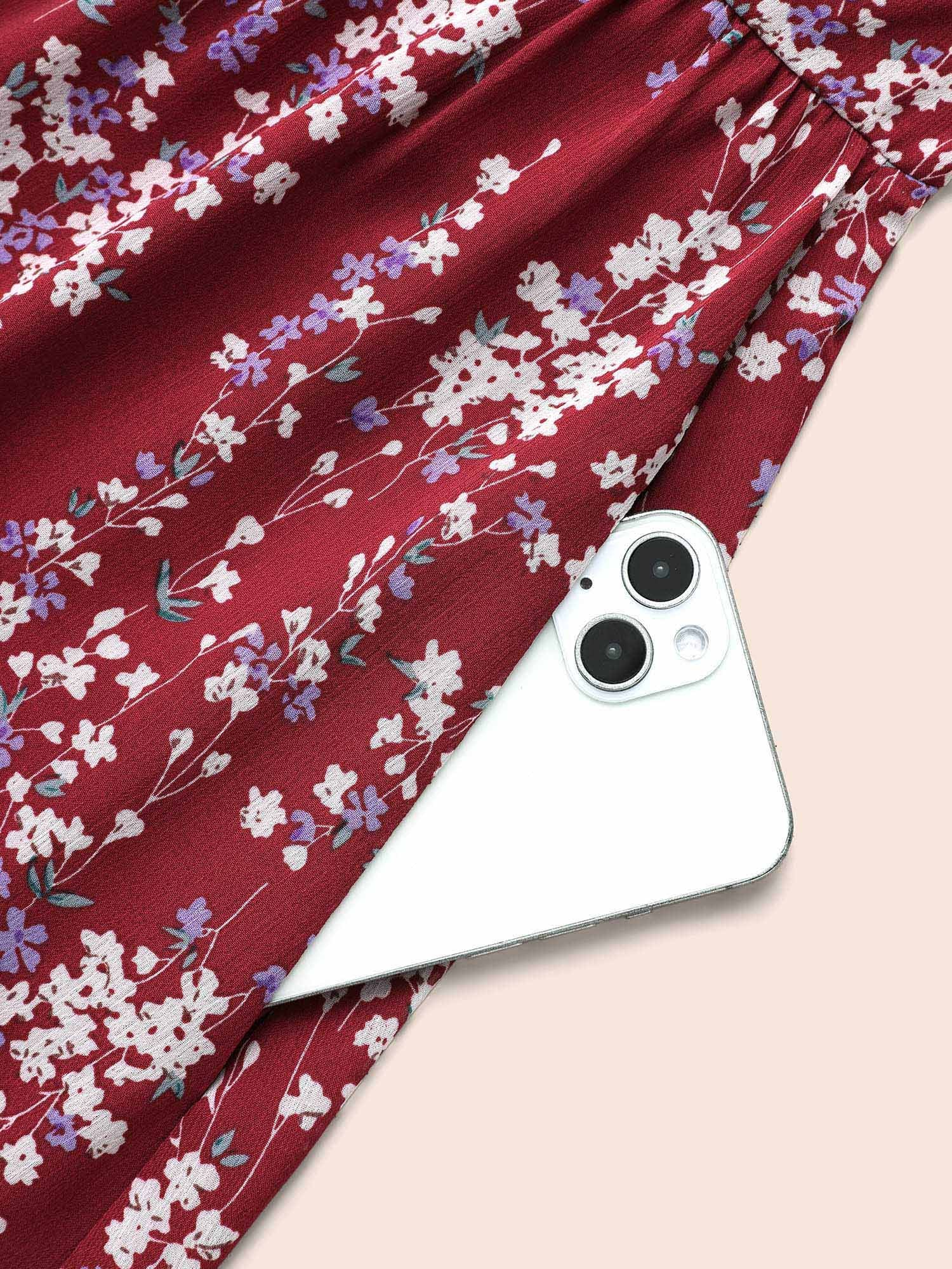 Ditsy Floral Overlap Collar Belted Dress