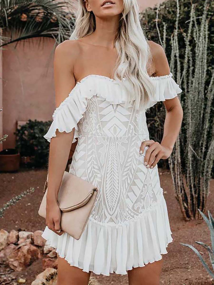 Lace Pleated Ruffle One-Shoulder Dress
