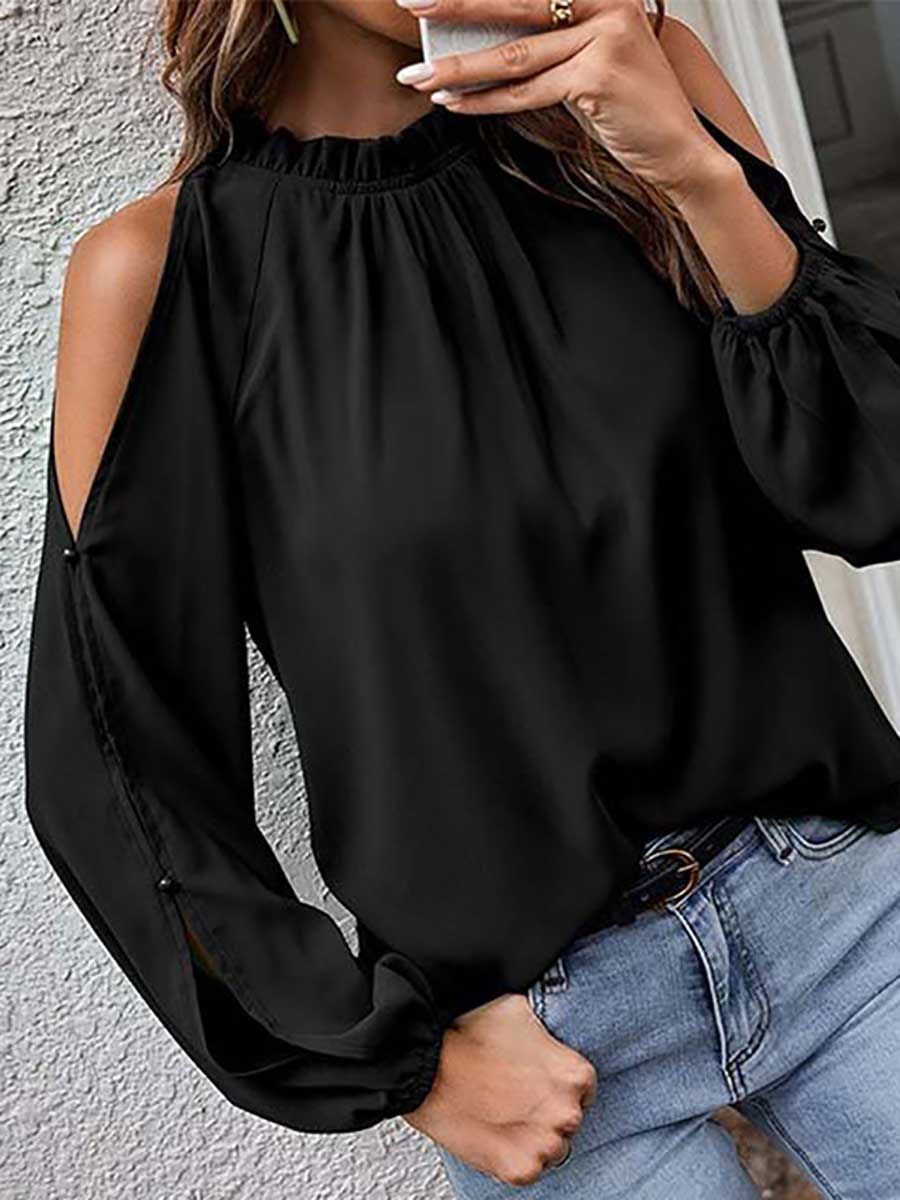 Round neck off-shoulder chiffon shirt